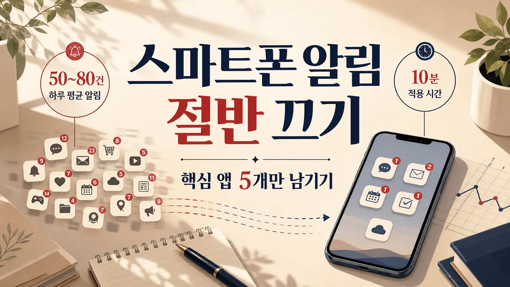 스마트폰 알림 50~80건 중 절반 끄기 — 5분 집중 회복 체크